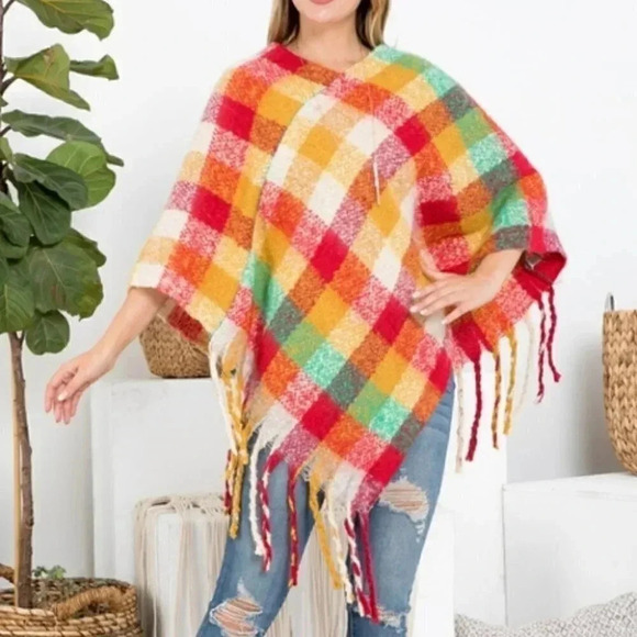 MULTI COLOR PLAID PRINT PONCHO - SOFT - Picture 3 of 8